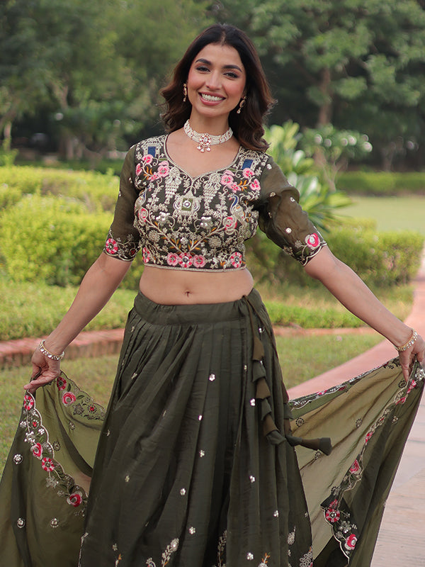 Green Sequins Zari Work Gold Crush Lehenga Choli With Dupatta