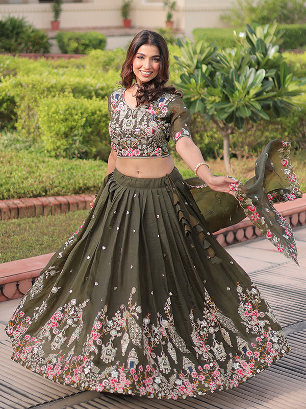 Green Sequins Zari Work Gold Crush Lehenga Choli With Dupatta