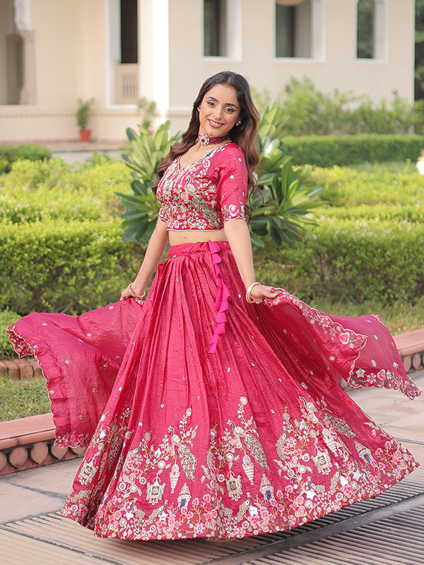 Pink Sequins Zari Work Gold Crush Lehenga Choli With Dupatta