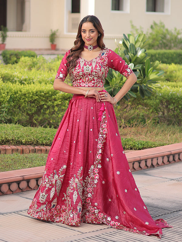 Pink Sequins Zari Work Gold Crush Lehenga Choli With Dupatta