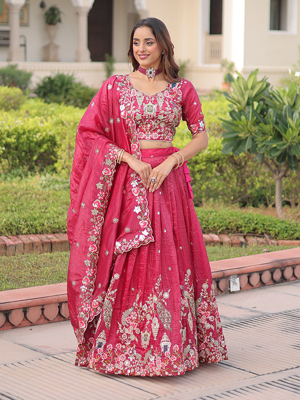 Pink Sequins Zari Work Gold Crush Lehenga Choli With Dupatta