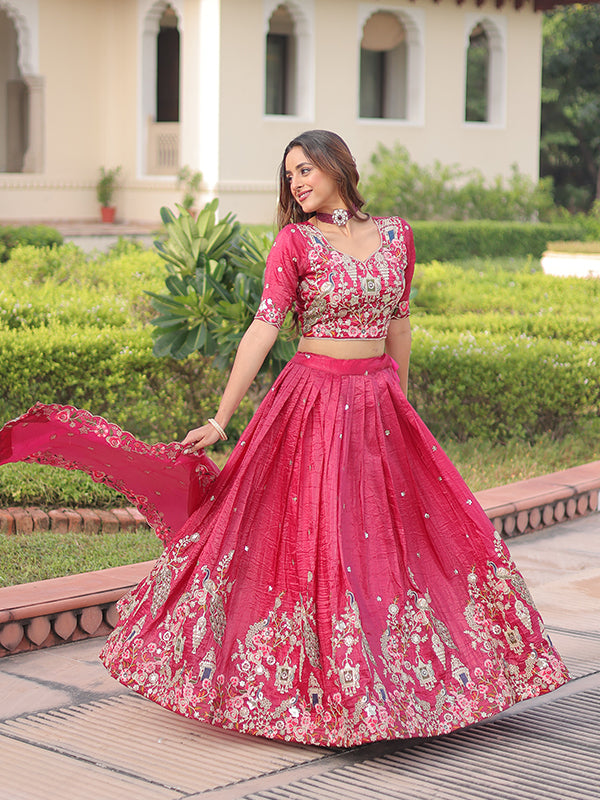 Pink Sequins Zari Work Gold Crush Lehenga Choli With Dupatta