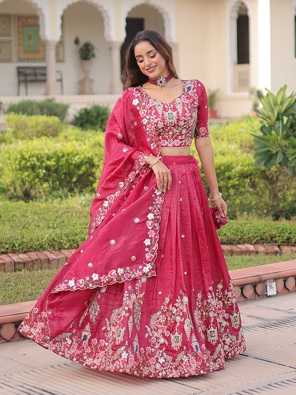 Pink Sequins Zari Work Gold Crush Lehenga Choli With Dupatta