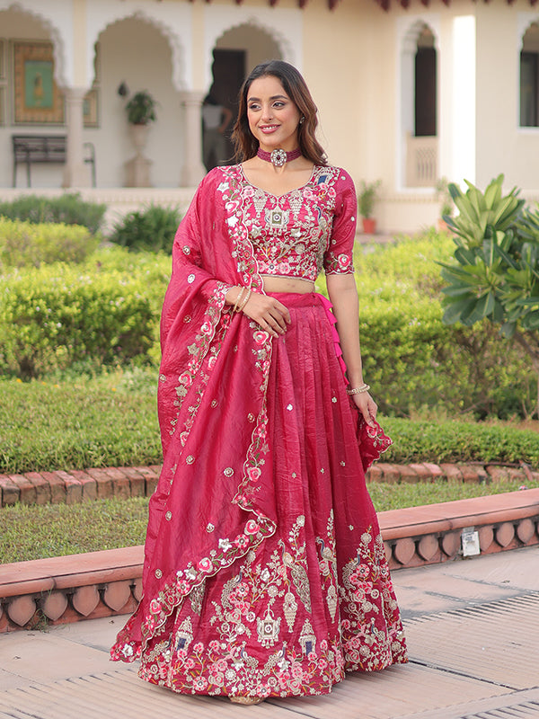 Pink Sequins Zari Work Gold Crush Lehenga Choli With Dupatta