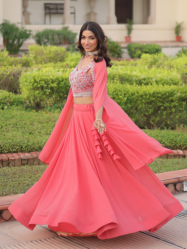 Peach Beads Thread Work Faux Georgette Lehenga Choli With Shrug