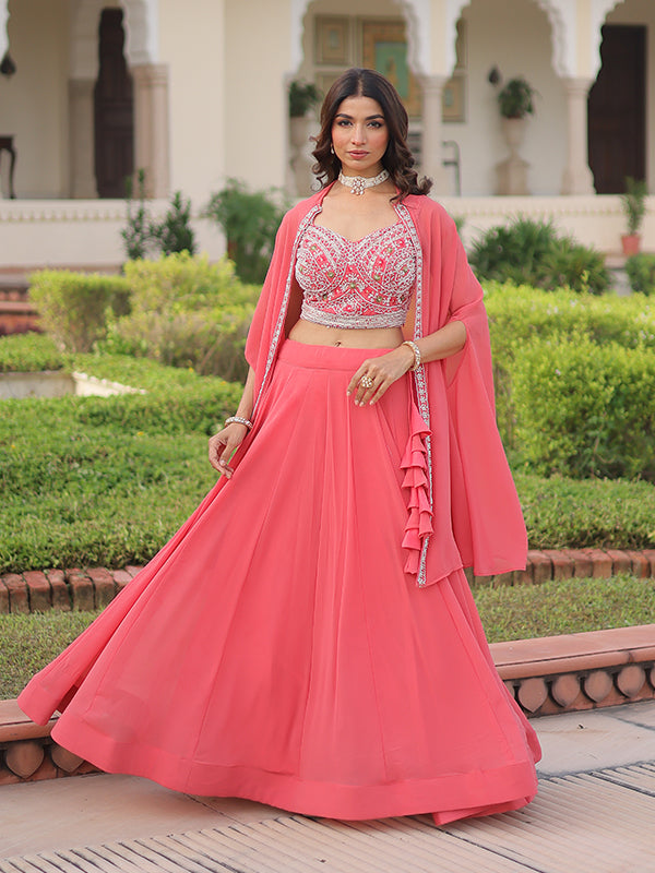 Peach Beads Thread Work Faux Georgette Lehenga Choli With Shrug