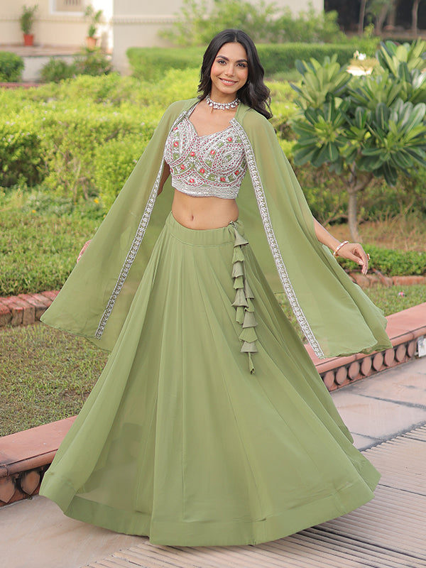 Pista Green Beads Thread Work Faux Georgette Lehenga Choli With Shrug