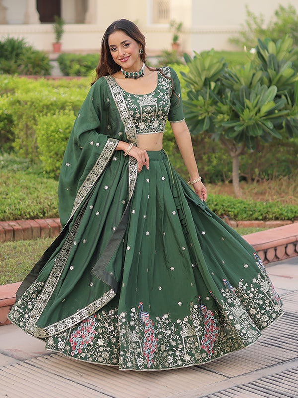 Green Sequins Thread Work Vichitra Silk Lehenga Choli With Dupatta