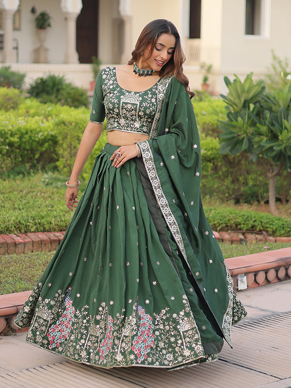 Green Sequins Thread Work Vichitra Silk Lehenga Choli With Dupatta