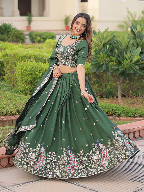 Green Sequins Thread Work Vichitra Silk Lehenga Choli With Dupatta