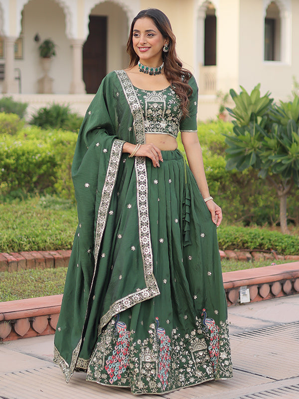 Green Sequins Thread Work Vichitra Silk Lehenga Choli With Dupatta