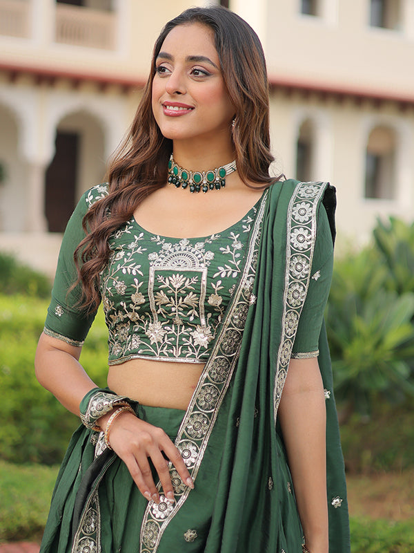 Green Sequins Thread Work Vichitra Silk Lehenga Choli With Dupatta