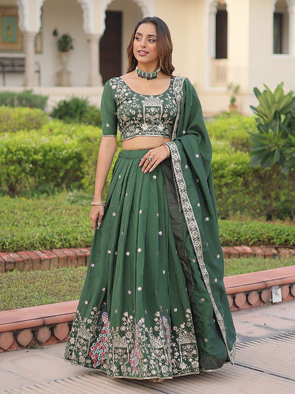 Green Sequins Thread Work Vichitra Silk Lehenga Choli With Dupatta