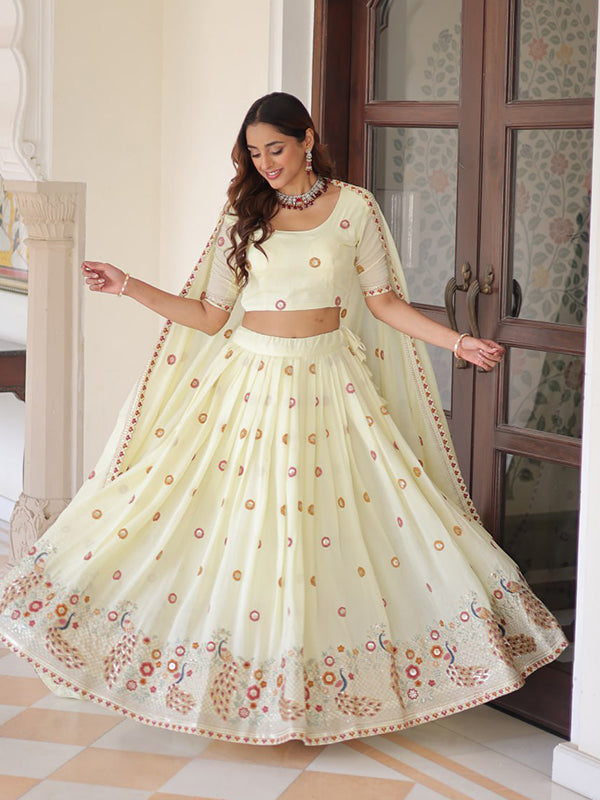Off White Zari Embroidered Work Vichitra Silk Lehenga Choli With Dupatta