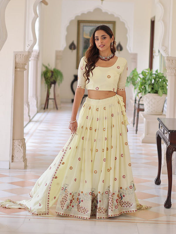 Off White Zari Embroidered Work Vichitra Silk Lehenga Choli With Dupatta