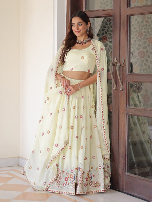 Off White Zari Embroidered Work Vichitra Silk Lehenga Choli With Dupatta