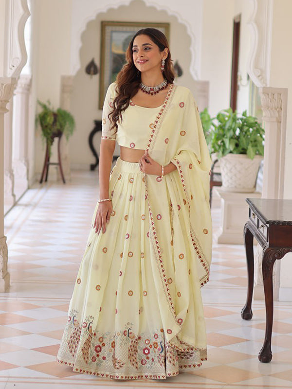 Off White Zari Embroidered Work Vichitra Silk Lehenga Choli With Dupatta