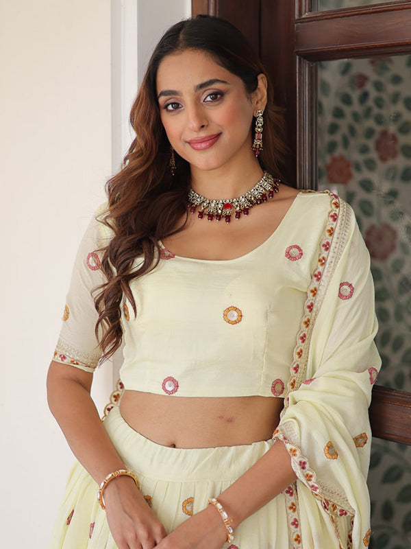 Off White Zari Embroidered Work Vichitra Silk Lehenga Choli With Dupatta