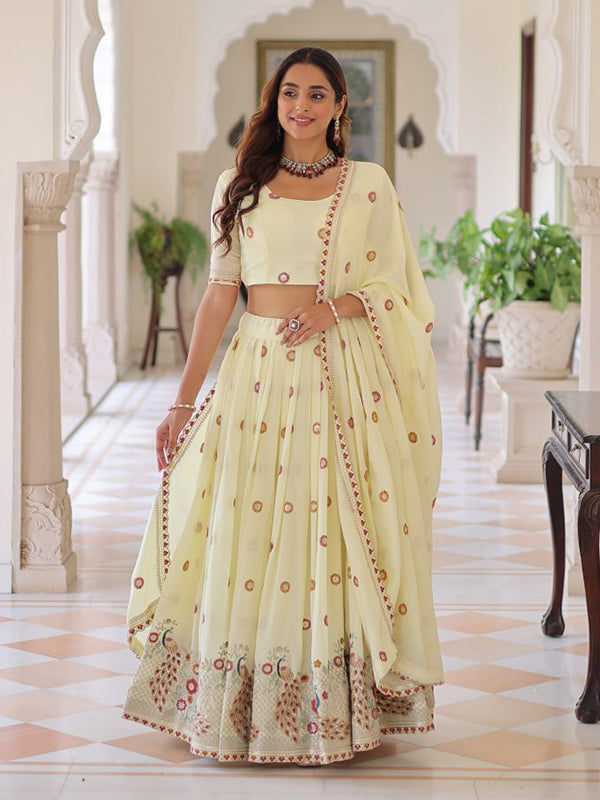 Off White Zari Embroidered Work Vichitra Silk Lehenga Choli With Dupatta