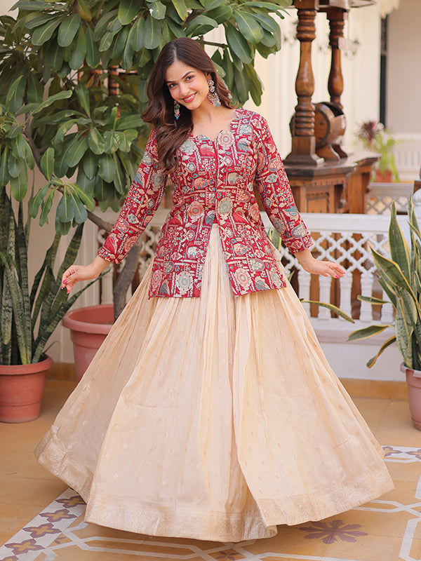 Maroon Jacquard Printed Top With Off White Cosmos Weaving Lehenga