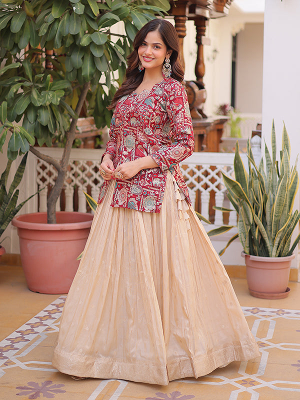 Maroon Jacquard Printed Top With Off White Cosmos Weaving Lehenga