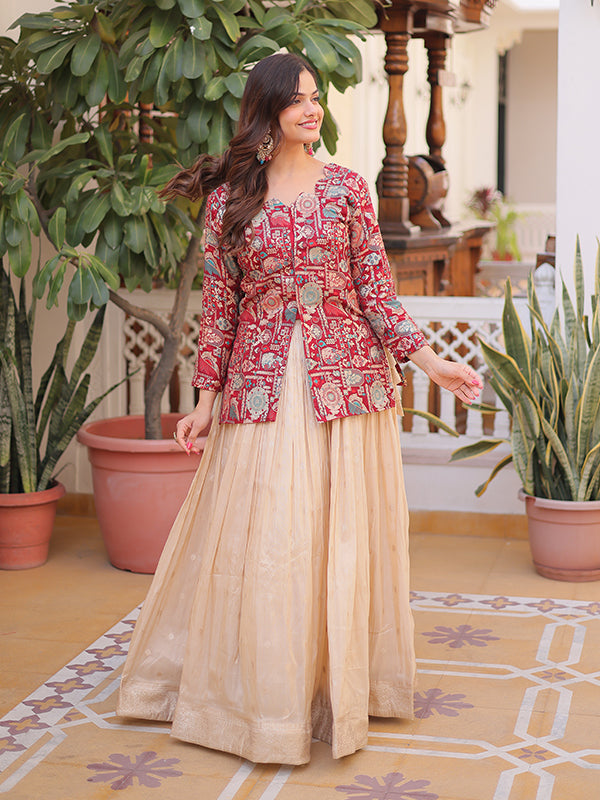 Maroon Jacquard Printed Top With Off White Cosmos Weaving Lehenga