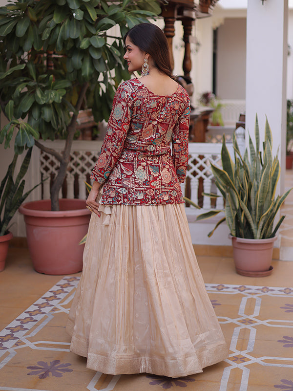 Maroon Jacquard Printed Top With Off White Cosmos Weaving Lehenga