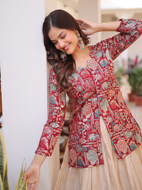 Maroon Jacquard Printed Top With Off White Cosmos Weaving Lehenga