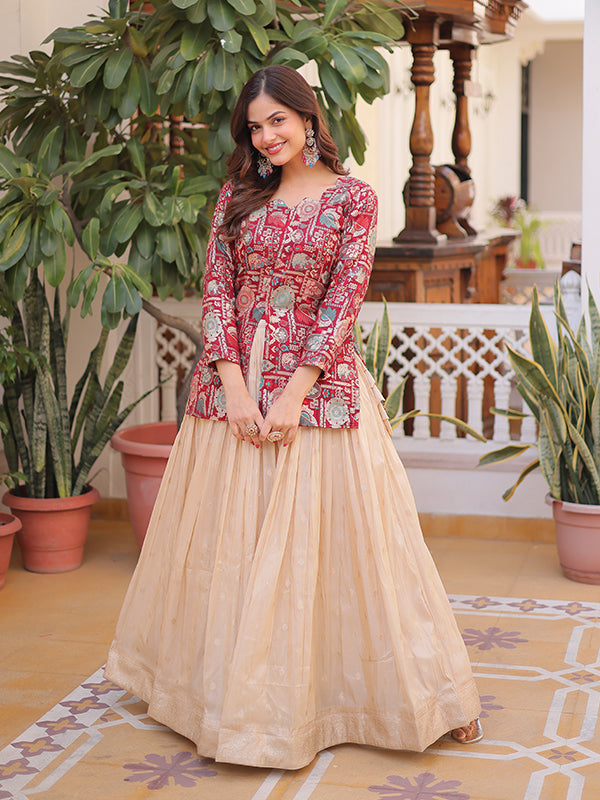 Maroon Jacquard Printed Top With Off White Cosmos Weaving Lehenga