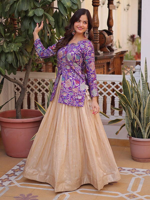 Purple Jacquard Printed Top With Off White Cosmos Weaving Lehenga