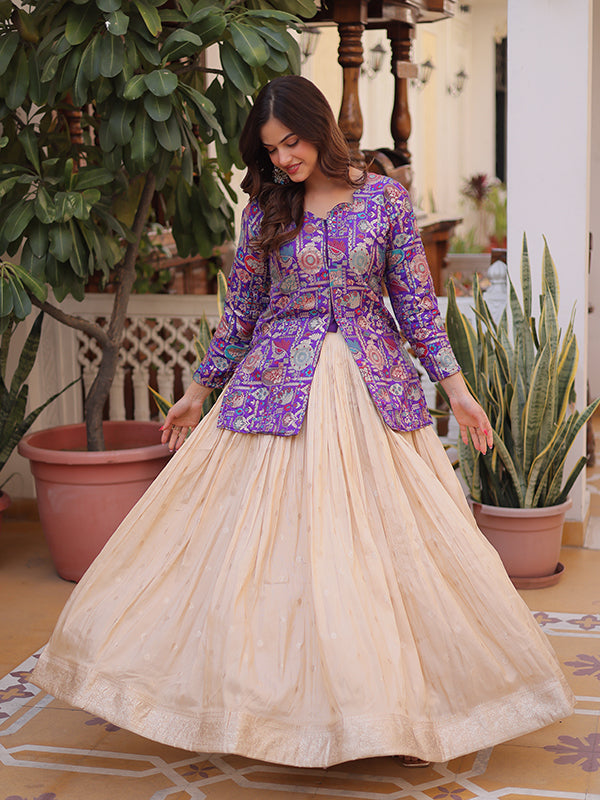 Purple Jacquard Printed Top With Off White Cosmos Weaving Lehenga