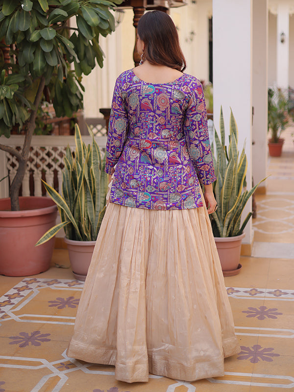 Purple Jacquard Printed Top With Off White Cosmos Weaving Lehenga