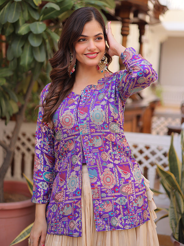 Purple Jacquard Printed Top With Off White Cosmos Weaving Lehenga