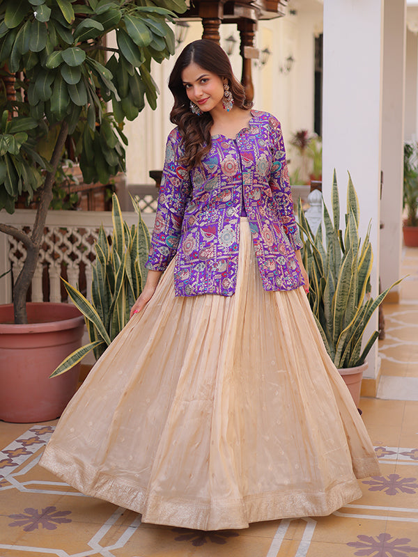 Purple Jacquard Printed Top With Off White Cosmos Weaving Lehenga