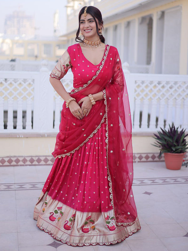 Pink Embroidered Weaving Work Dola Silk Lehenga Choli With Dupatta