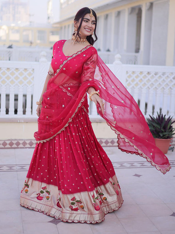 Pink Embroidered Weaving Work Dola Silk Lehenga Choli With Dupatta