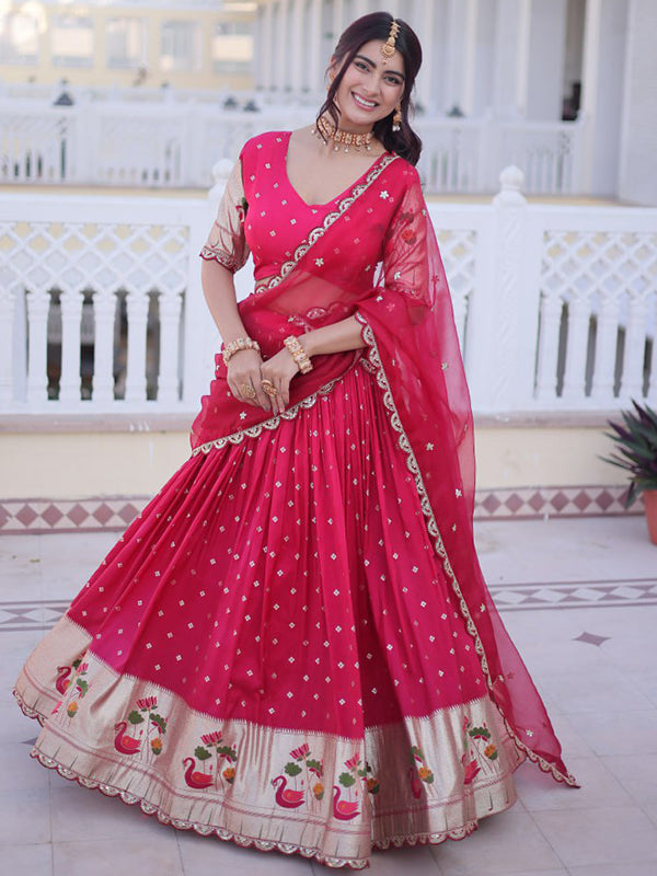 Pink Embroidered Weaving Work Dola Silk Lehenga Choli With Dupatta
