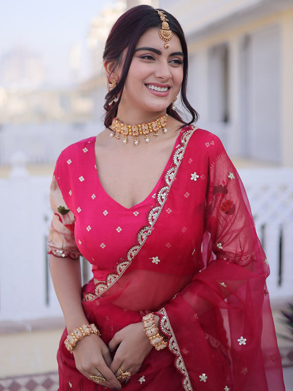 Pink Embroidered Weaving Work Dola Silk Lehenga Choli With Dupatta