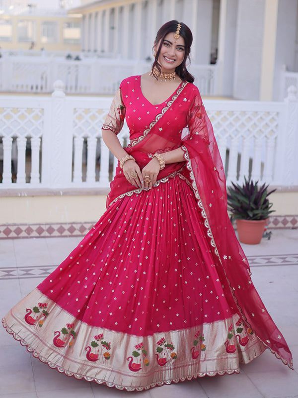 Pink Embroidered Weaving Work Dola Silk Lehenga Choli With Dupatta