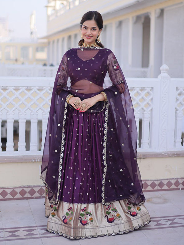 Wine Embroidered Weaving Work Dola Silk Lehenga Choli With Dupatta
