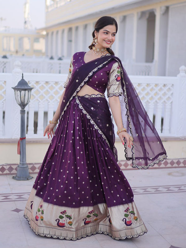 Wine Embroidered Weaving Work Dola Silk Lehenga Choli With Dupatta
