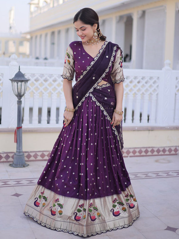 Wine Embroidered Weaving Work Dola Silk Lehenga Choli With Dupatta