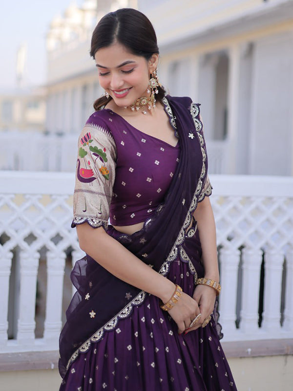 Wine Embroidered Weaving Work Dola Silk Lehenga Choli With Dupatta