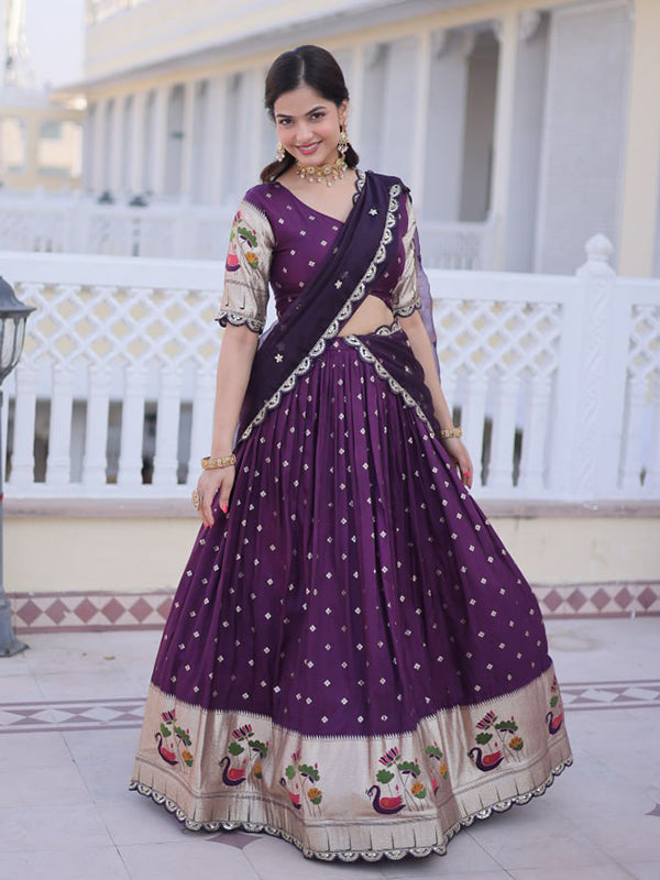 Wine Embroidered Weaving Work Dola Silk Lehenga Choli With Dupatta