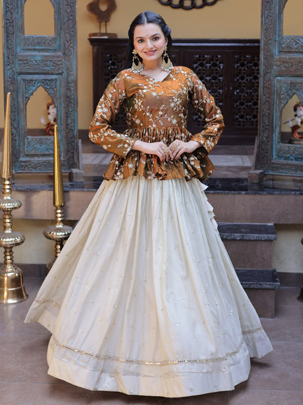Brown Gold Zari Embroidered Work Peplum Top With Off-White Cosmos Lehenga