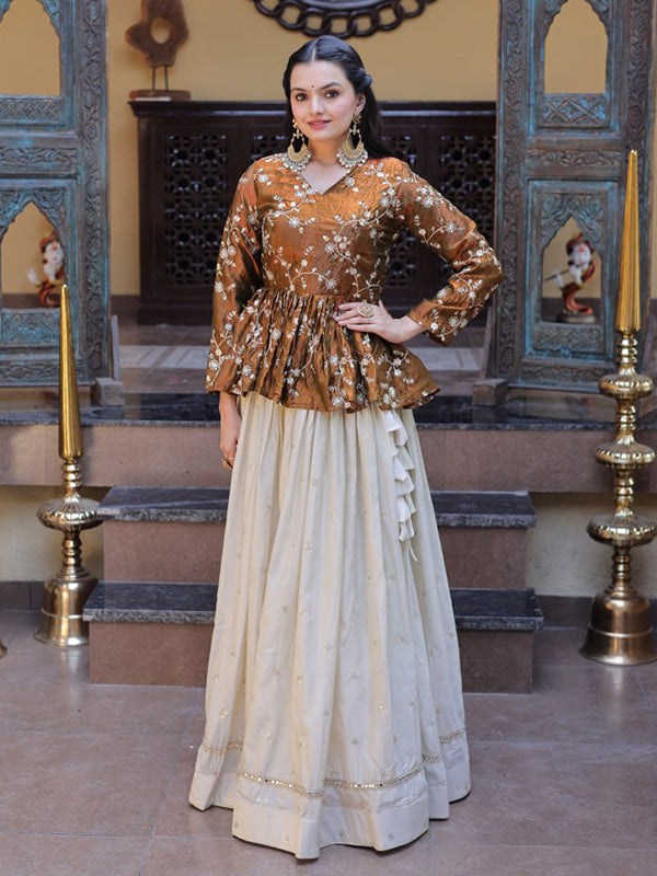 Brown Gold Zari Embroidered Work Peplum Top With Off-White Cosmos Lehenga