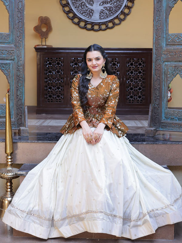 Brown Gold Zari Embroidered Work Peplum Top With Off-White Cosmos Lehenga