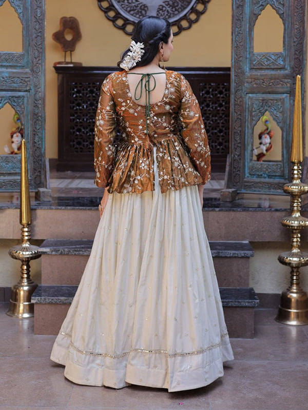 Brown Gold Zari Embroidered Work Peplum Top With Off-White Cosmos Lehenga