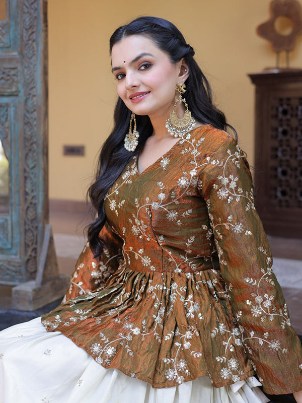 Brown Gold Zari Embroidered Work Peplum Top With Off-White Cosmos Lehenga