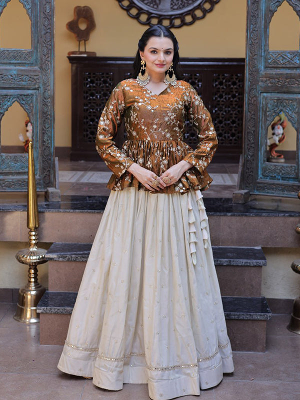 Brown Gold Zari Embroidered Work Peplum Top With Off-White Cosmos Lehenga